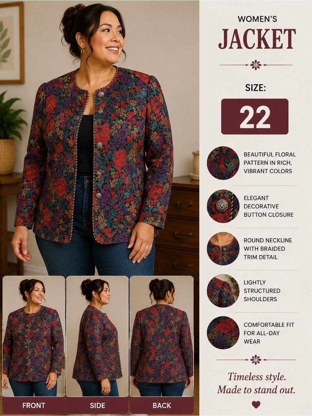 Jessica Howard Quilted Floral Blazer in Teal, Red & Purple SIZE 22